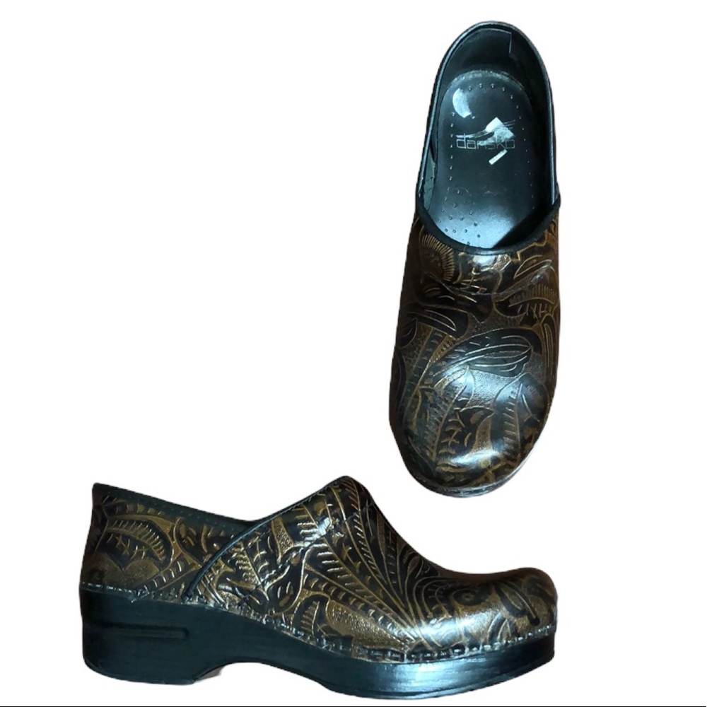 Dansko Tooled Leather Wooden Heel Clog Size 37 Antique Brown Floral